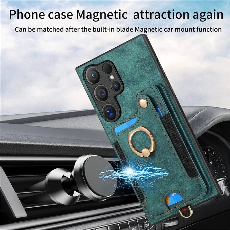 D4 For Samsung Galaxy S24 Ultra Leather Back Cover RFID Blocking Kickstand Phone Case with Card Slots