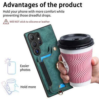 D4 For Samsung Galaxy S24 Ultra Leather Back Cover RFID Blocking Kickstand Phone Case with Card Slots