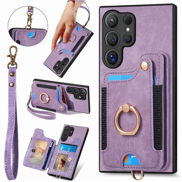 D4 For Samsung Galaxy S24 Ultra Leather Back Cover RFID Blocking Kickstand Phone Case with Card Slots
