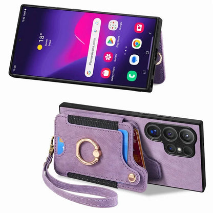 D4 For Samsung Galaxy S24 Ultra Leather Back Cover RFID Blocking Kickstand Phone Case with Card Slots