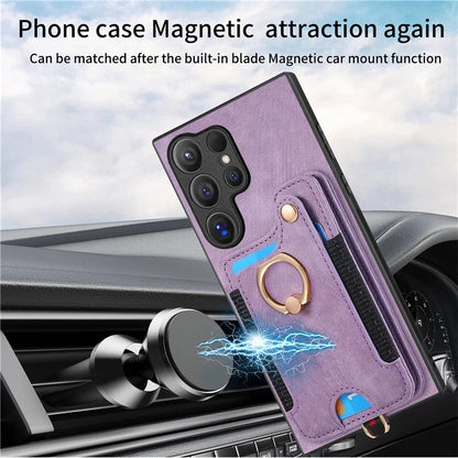 D4 For Samsung Galaxy S24 Ultra Leather Back Cover RFID Blocking Kickstand Phone Case with Card Slots