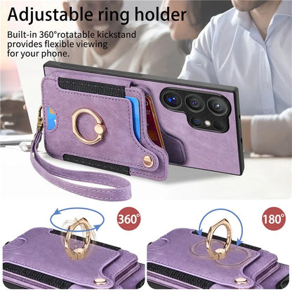 D4 For Samsung Galaxy S24 Ultra Leather Back Cover RFID Blocking Kickstand Phone Case with Card Slots