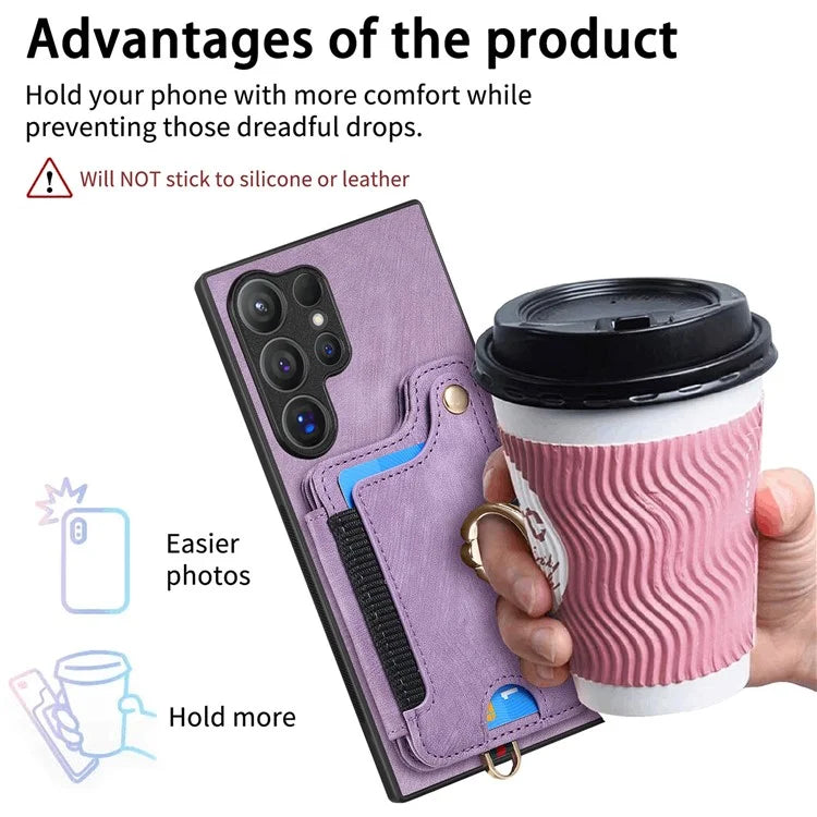 D4 For Samsung Galaxy S24 Ultra Leather Back Cover RFID Blocking Kickstand Phone Case with Card Slots