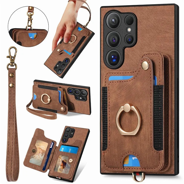 D4 For Samsung Galaxy S24 Ultra Leather Back Cover RFID Blocking Kickstand Phone Case with Card Slots