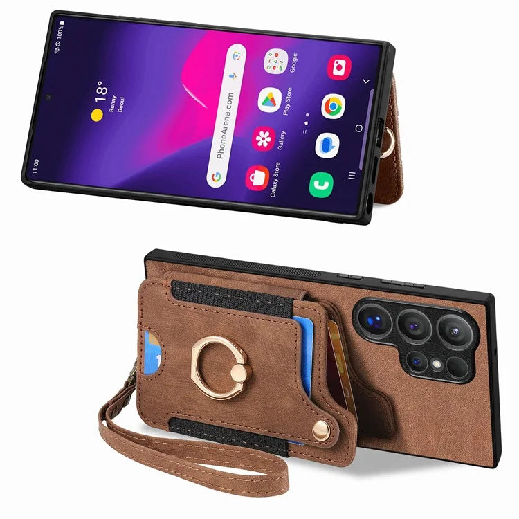 D4 For Samsung Galaxy S24 Ultra Leather Back Cover RFID Blocking Kickstand Phone Case with Card Slots