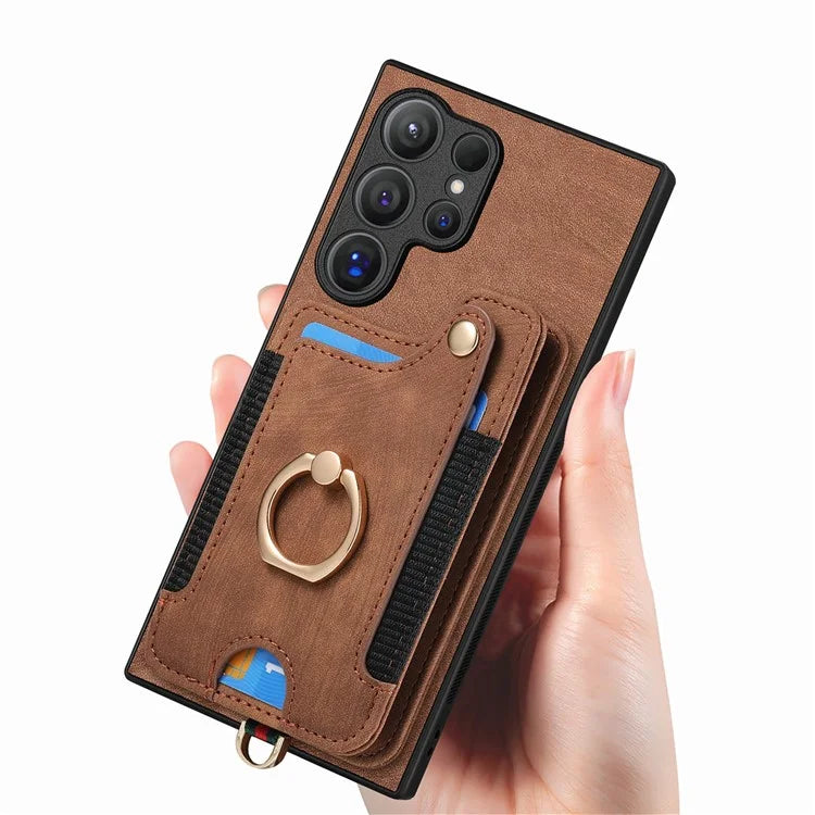 D4 For Samsung Galaxy S24 Ultra Leather Back Cover RFID Blocking Kickstand Phone Case with Card Slots