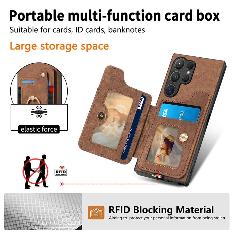 D4 For Samsung Galaxy S24 Ultra Leather Back Cover RFID Blocking Kickstand Phone Case with Card Slots