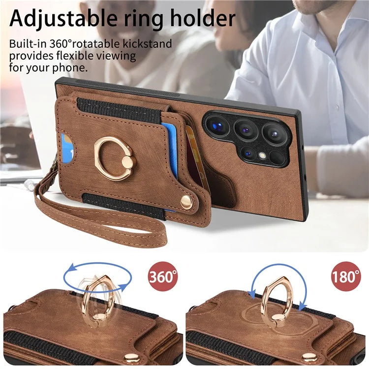D4 For Samsung Galaxy S24 Ultra Leather Back Cover RFID Blocking Kickstand Phone Case with Card Slots