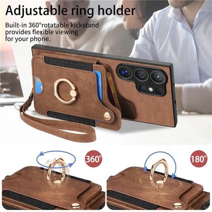 D4 For Samsung Galaxy S24 Ultra Leather Back Cover RFID Blocking Kickstand Phone Case with Card Slots