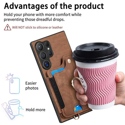 D4 For Samsung Galaxy S24 Ultra Leather Back Cover RFID Blocking Kickstand Phone Case with Card Slots