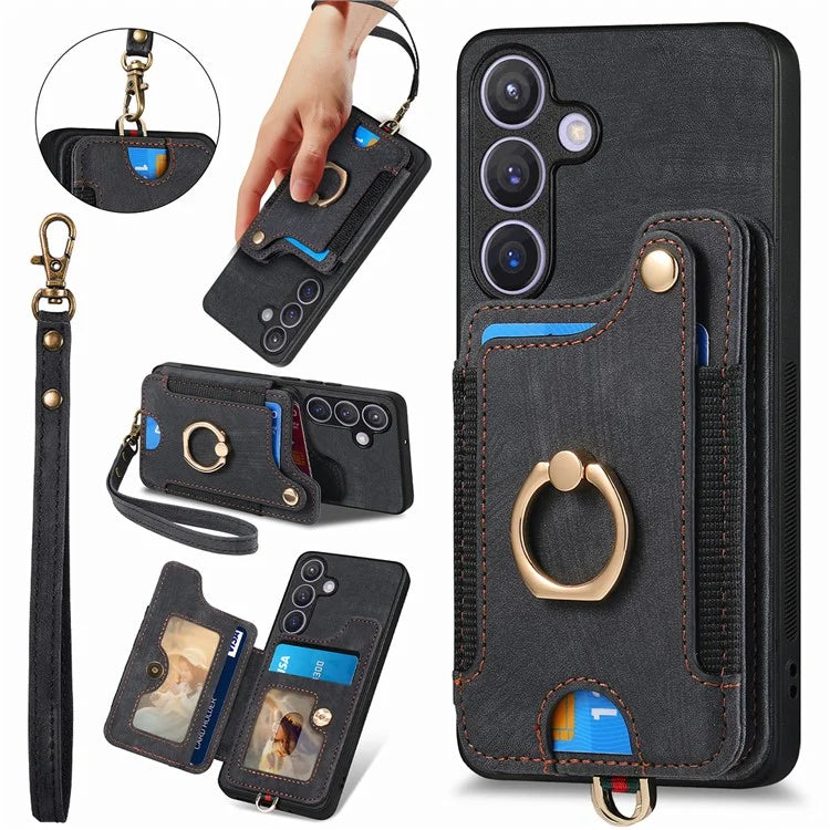 D4 For Samsung Galaxy S24 Vintage Phone Case Card Slots Kickstand Cover RFID Blocking