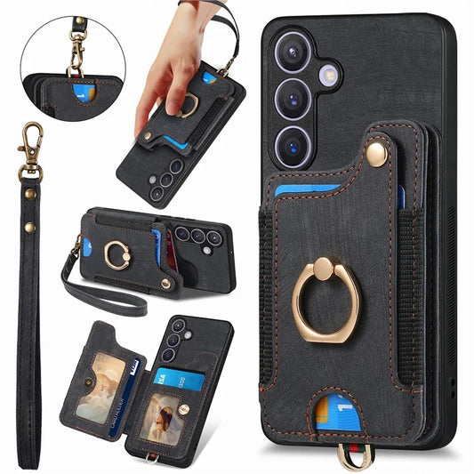 D4 For Samsung Galaxy S24 Vintage Phone Case Card Slots Kickstand Cover RFID Blocking