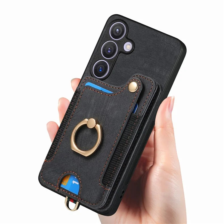 D4 For Samsung Galaxy S24 Vintage Phone Case Card Slots Kickstand Cover RFID Blocking