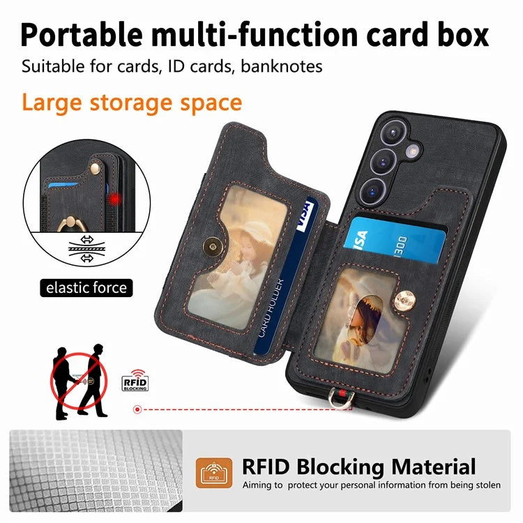 D4 For Samsung Galaxy S24 Vintage Phone Case Card Slots Kickstand Cover RFID Blocking