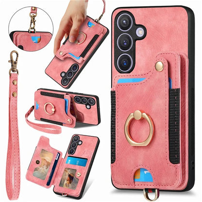D4 For Samsung Galaxy S24 Vintage Phone Case Card Slots Kickstand Cover RFID Blocking