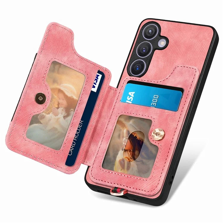 D4 For Samsung Galaxy S24 Vintage Phone Case Card Slots Kickstand Cover RFID Blocking