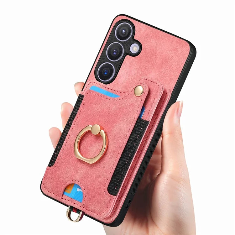 D4 For Samsung Galaxy S24 Vintage Phone Case Card Slots Kickstand Cover RFID Blocking