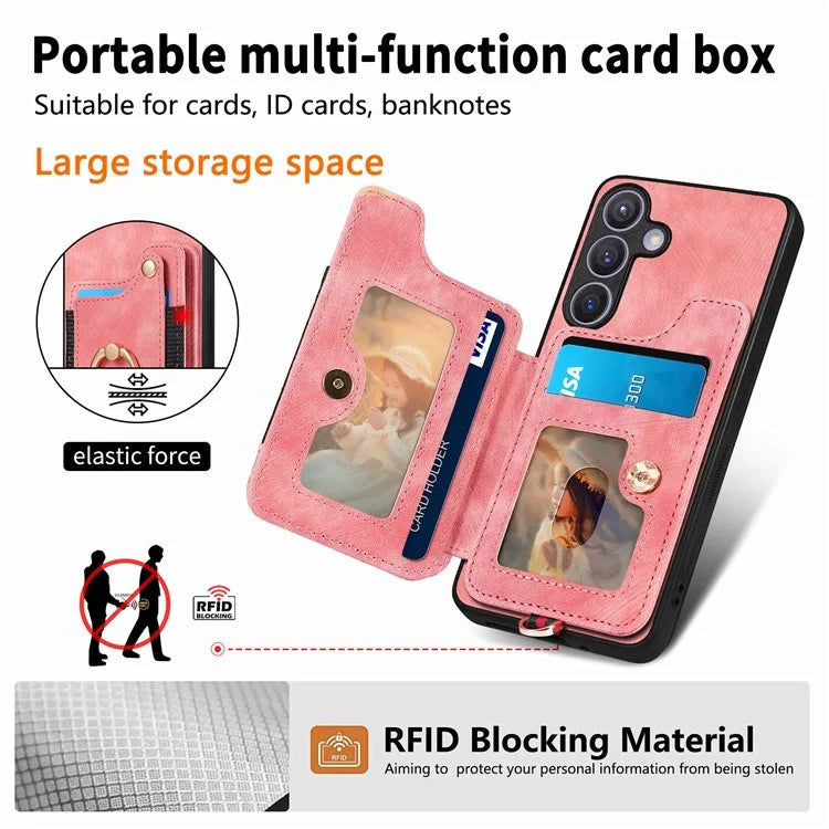 D4 For Samsung Galaxy S24 Vintage Phone Case Card Slots Kickstand Cover RFID Blocking