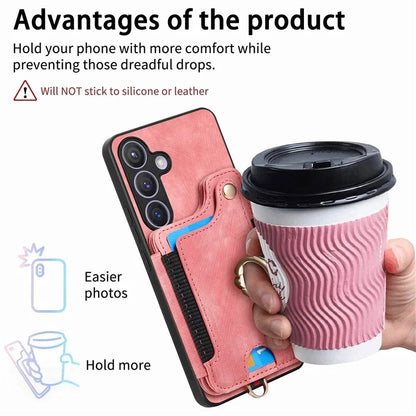 D4 For Samsung Galaxy S24 Vintage Phone Case Card Slots Kickstand Cover RFID Blocking