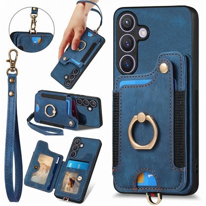 D4 For Samsung Galaxy S24 Vintage Phone Case Card Slots Kickstand Cover RFID Blocking
