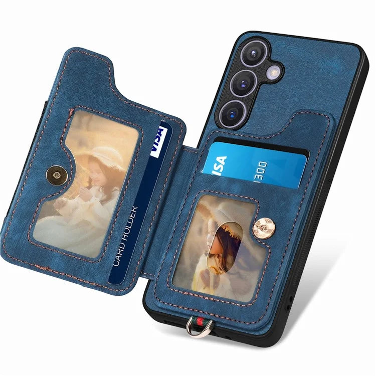 D4 For Samsung Galaxy S24 Vintage Phone Case Card Slots Kickstand Cover RFID Blocking