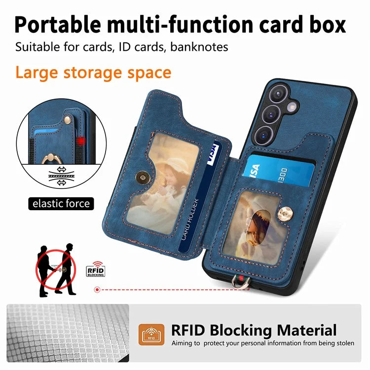 D4 For Samsung Galaxy S24 Vintage Phone Case Card Slots Kickstand Cover RFID Blocking