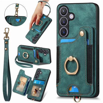 D4 For Samsung Galaxy S24 Vintage Phone Case Card Slots Kickstand Cover RFID Blocking