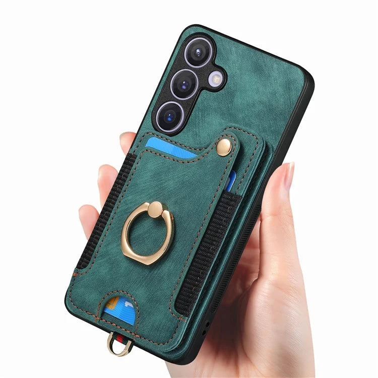D4 For Samsung Galaxy S24 Vintage Phone Case Card Slots Kickstand Cover RFID Blocking