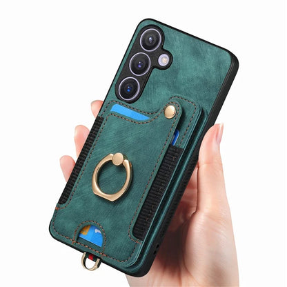 D4 For Samsung Galaxy S24 Vintage Phone Case Card Slots Kickstand Cover RFID Blocking