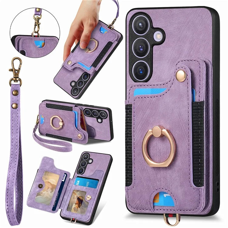 D4 For Samsung Galaxy S24 Vintage Phone Case Card Slots Kickstand Cover RFID Blocking