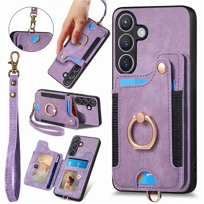 D4 For Samsung Galaxy S24 Vintage Phone Case Card Slots Kickstand Cover RFID Blocking