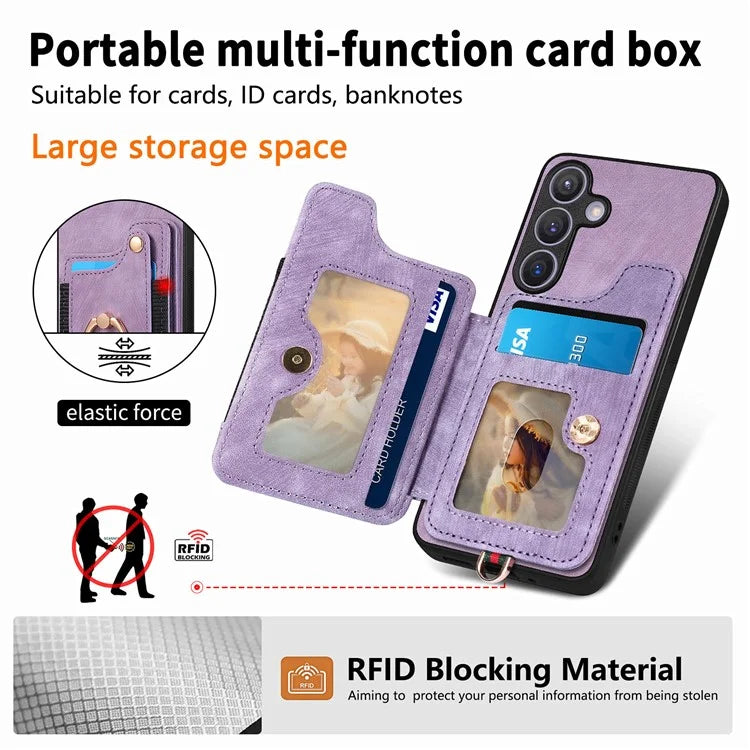 D4 For Samsung Galaxy S24 Vintage Phone Case Card Slots Kickstand Cover RFID Blocking