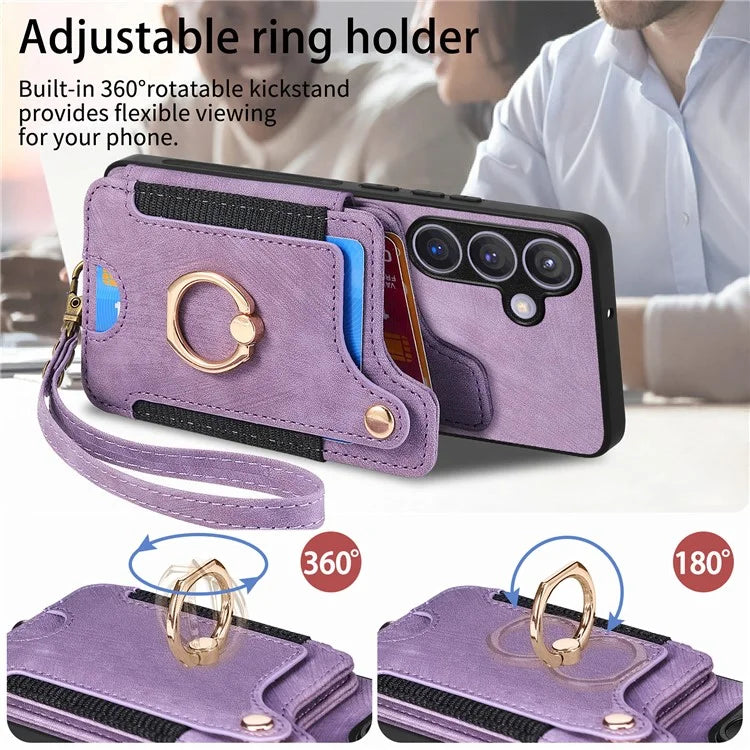D4 For Samsung Galaxy S24 Vintage Phone Case Card Slots Kickstand Cover RFID Blocking