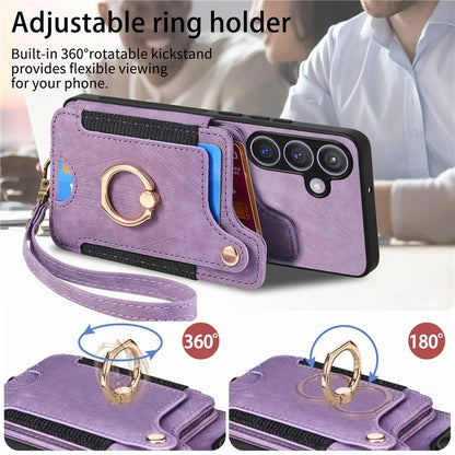 D4 For Samsung Galaxy S24 Vintage Phone Case Card Slots Kickstand Cover RFID Blocking