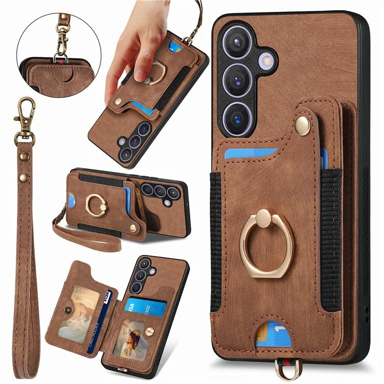 D4 For Samsung Galaxy S24 Vintage Phone Case Card Slots Kickstand Cover RFID Blocking