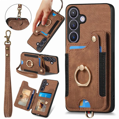 D4 For Samsung Galaxy S24 Vintage Phone Case Card Slots Kickstand Cover RFID Blocking