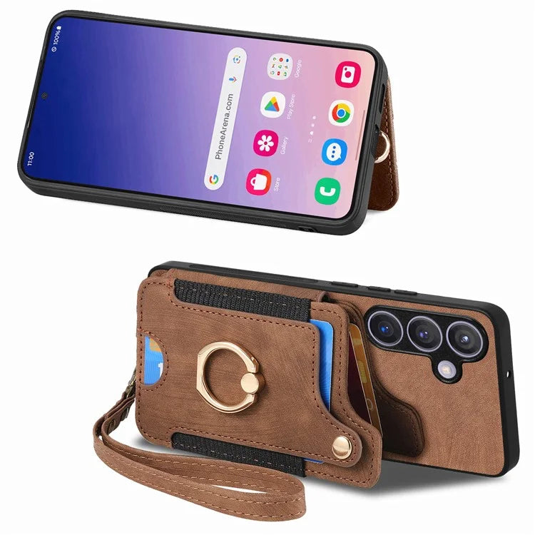D4 For Samsung Galaxy S24 Vintage Phone Case Card Slots Kickstand Cover RFID Blocking