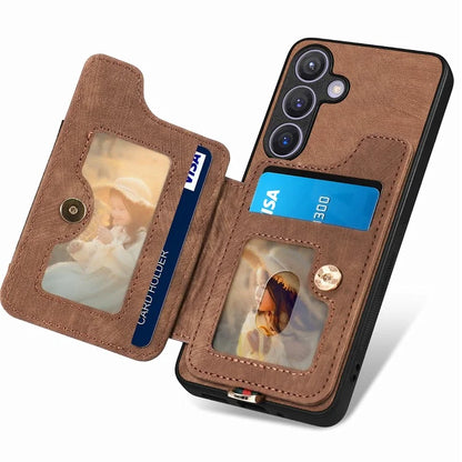 D4 For Samsung Galaxy S24 Vintage Phone Case Card Slots Kickstand Cover RFID Blocking