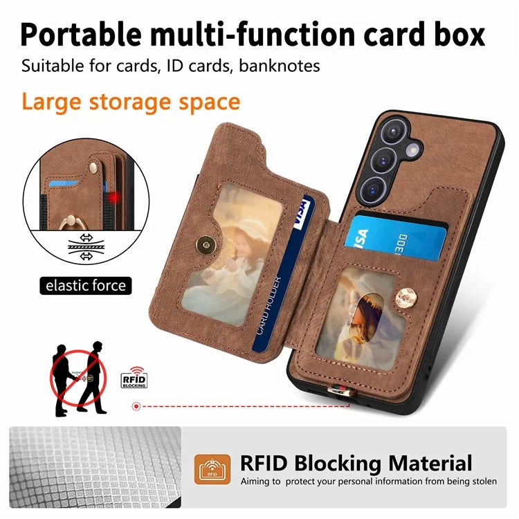 D4 For Samsung Galaxy S24 Vintage Phone Case Card Slots Kickstand Cover RFID Blocking
