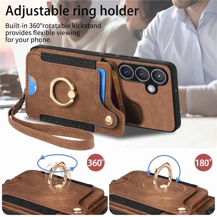 D4 For Samsung Galaxy S24 Vintage Phone Case Card Slots Kickstand Cover RFID Blocking