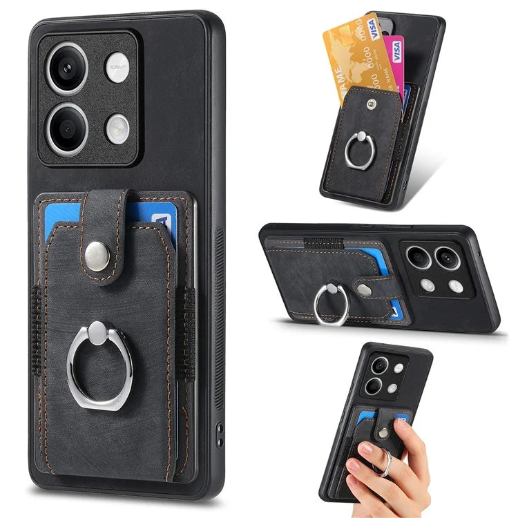 D2 For Xiaomi Redmi Note 13 5G Phone Case Vintage Texture Rotation Ring Holder Card Slots