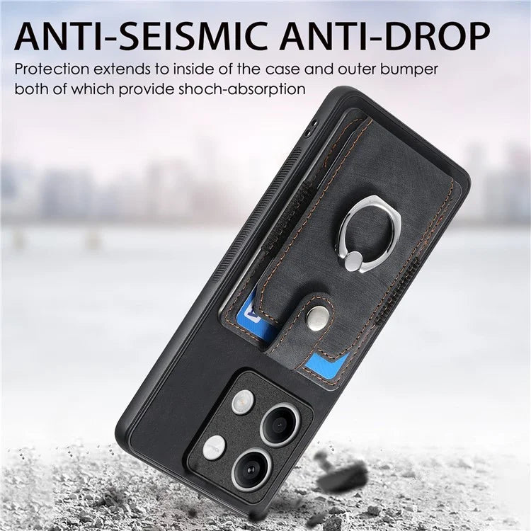D2 For Xiaomi Redmi Note 13 5G Phone Case Vintage Texture Rotation Ring Holder Card Slots