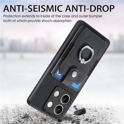 D2 For Xiaomi Redmi Note 13 5G Phone Case Vintage Texture Rotation Ring Holder Card Slots