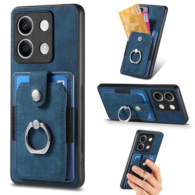 D2 For Xiaomi Redmi Note 13 5G Phone Case Vintage Texture Rotation Ring Holder Card Slots