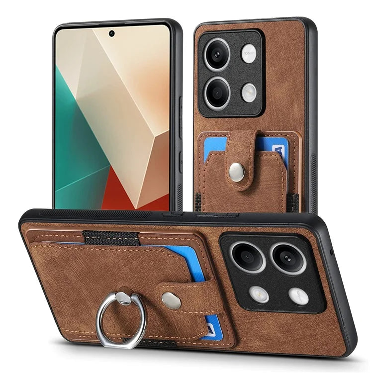 D2 For Xiaomi Redmi Note 13 5G Phone Case Vintage Texture Rotation Ring Holder Card Slots
