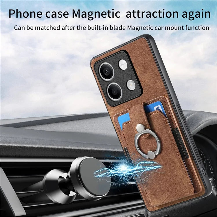 D2 For Xiaomi Redmi Note 13 5G Phone Case Vintage Texture Rotation Ring Holder Card Slots