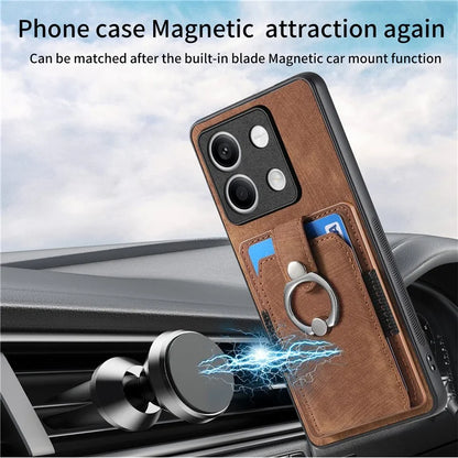 D2 For Xiaomi Redmi Note 13 5G Phone Case Vintage Texture Rotation Ring Holder Card Slots