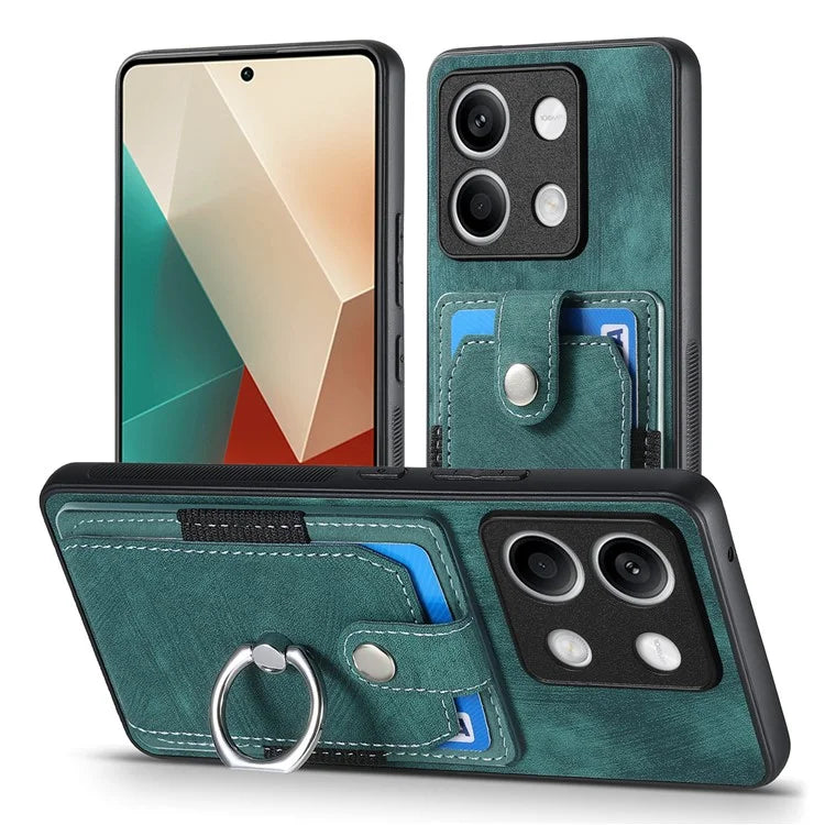 D2 For Xiaomi Redmi Note 13 5G Phone Case Vintage Texture Rotation Ring Holder Card Slots