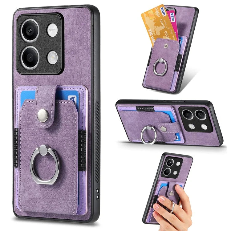 D2 For Xiaomi Redmi Note 13 5G Phone Case Vintage Texture Rotation Ring Holder Card Slots
