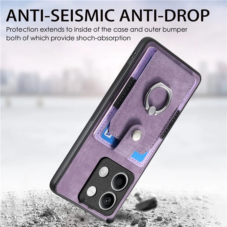 D2 For Xiaomi Redmi Note 13 5G Phone Case Vintage Texture Rotation Ring Holder Card Slots